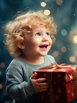 Ein lächelndes Kind hält ein rotes Geschenk in den Händen.