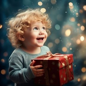 Ein lächelndes Kind hält ein rotes Geschenk in den Händen.