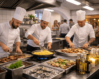Drei Köche in professioneller Küche grillen Fleisch und kochen Pasta