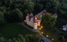 Luftaufnahme eines Schlosses Ein Schloss im Nebel umgeben von Bäumen bei Sonnenaufgang.
